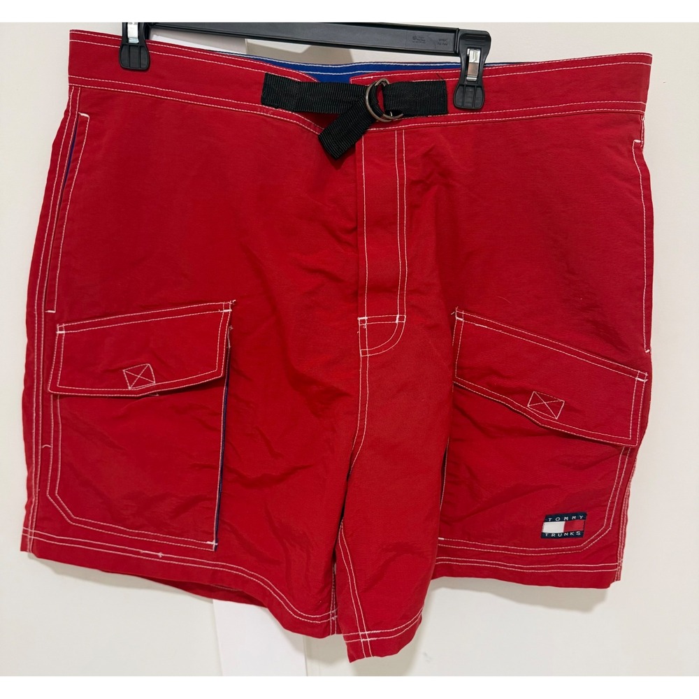 Tommy Hilfiger Tommy Trunks Mens XL Red Cargo Swim Shorts Belted Vintage 90s